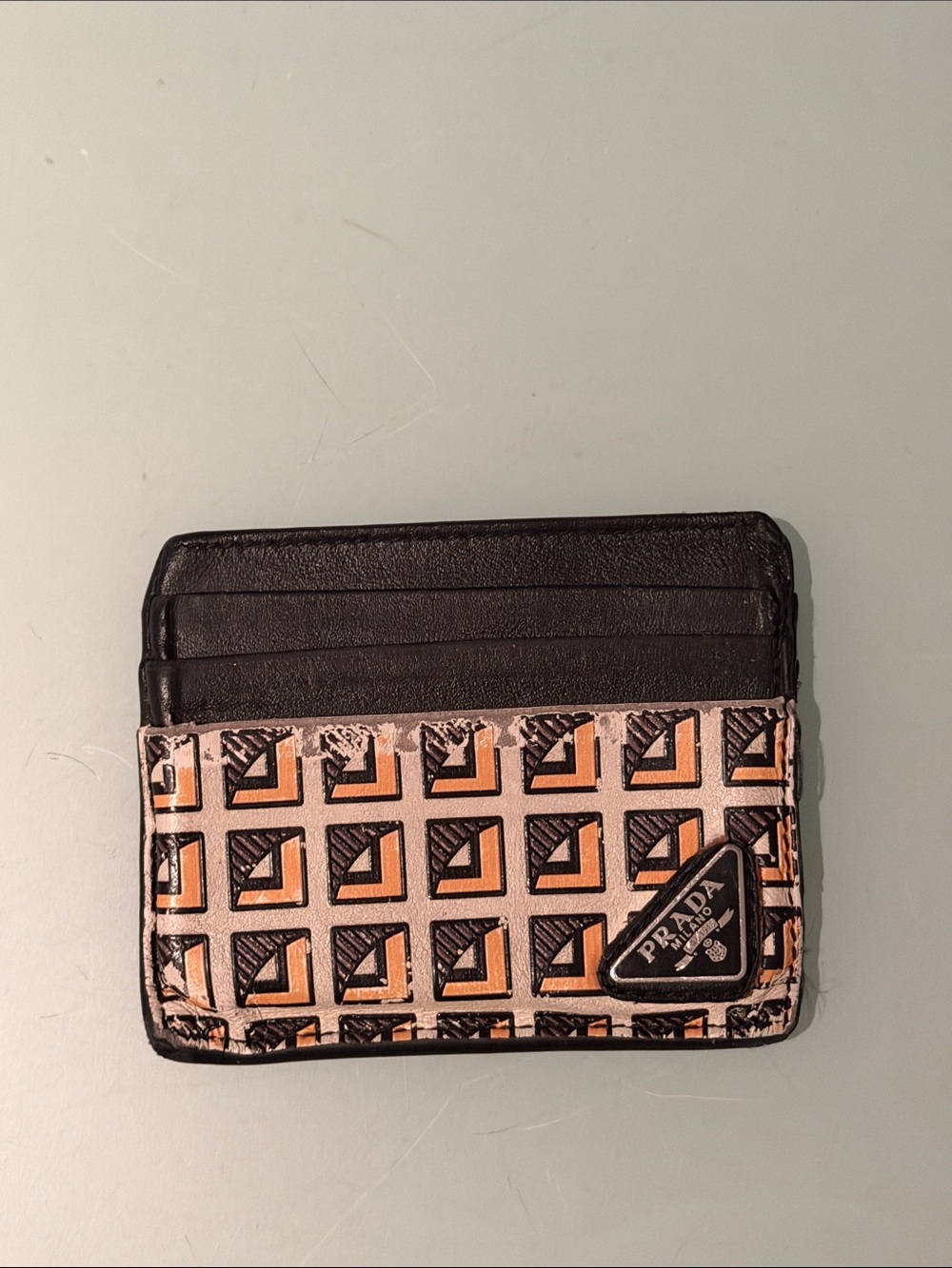 Prada Logo-Plaque Geometric Print Leather Cardholder